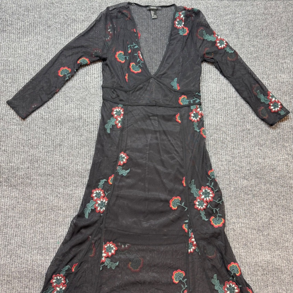Black Mesh Floral Embroidered Maxi Dress Sheer Boho Whimsigoth Romantic Chic S‎